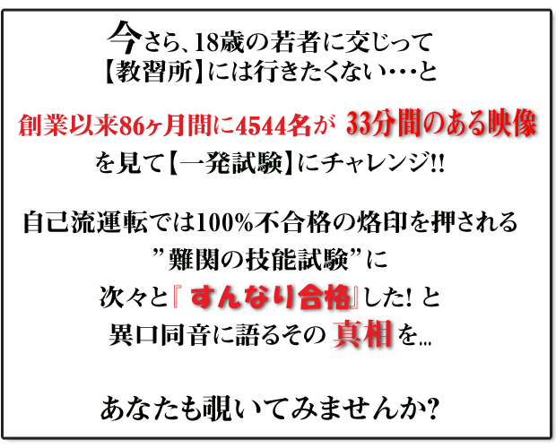 創業以来3051名の受講者実績。一発試験のＤＶＤマニュアル